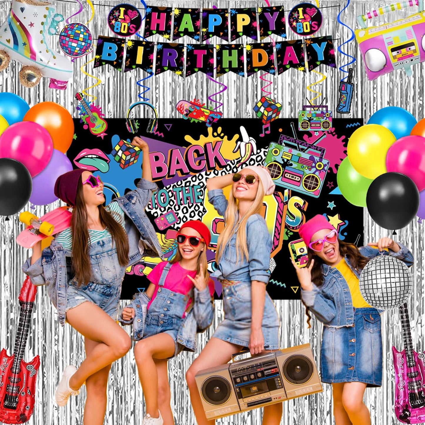 LINHAXM 80s Party Decorations – Backdrop, Banner, Balloons & Centerpieces for 80s/90s Parties