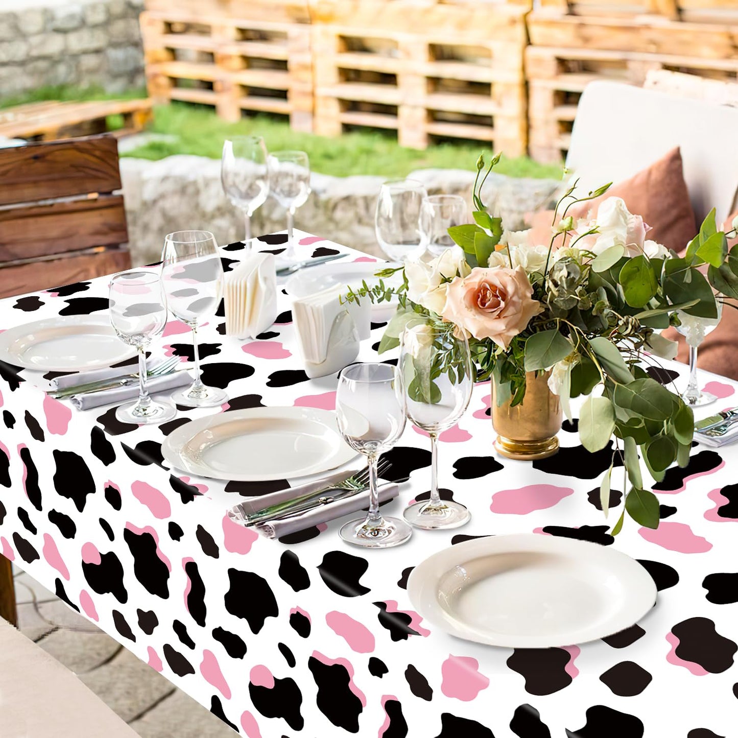 LINHAXM 3 Pack Pink Cow Print Tablecloth – 54 x 108 in | Cowgirl Birthday Party Decor