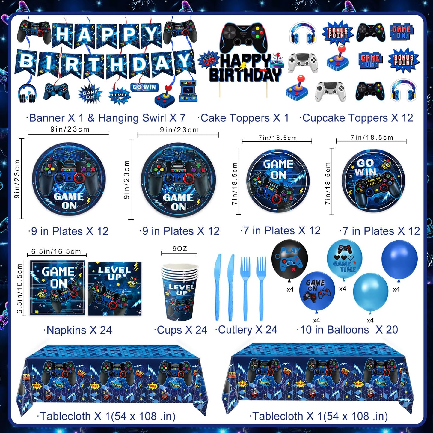 LINHAXM Video Game Birthday Decorations for 24 – Plates, Cups, Napkins & More