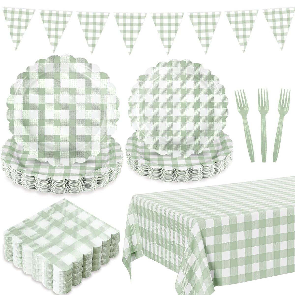 LINHAXM 102 PCS Sage Green Gingham Party Supplies – Scalloped Plates, Napkins, Cups, Banner & Tablecloth (Serves 25)