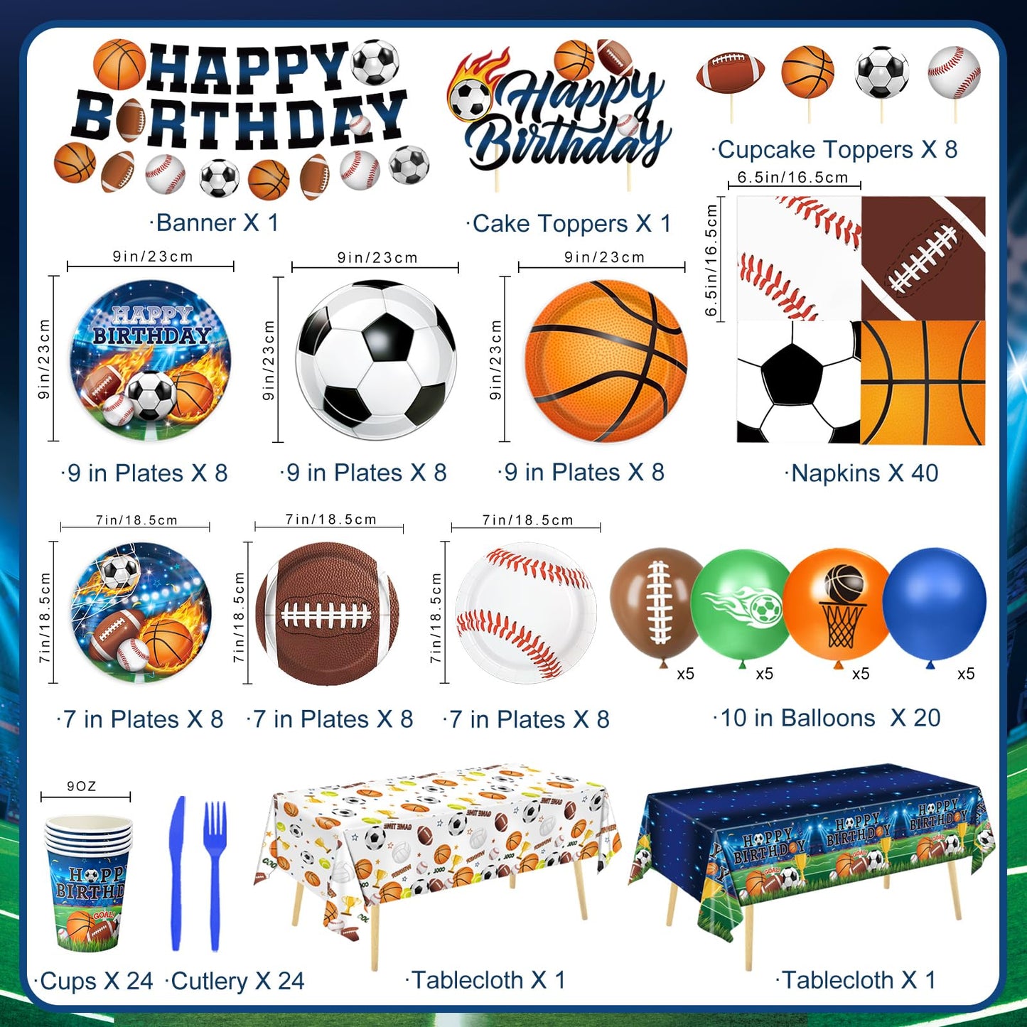 LINHAXM 191 PCS Sports Birthday Party Decorations Kit – Serves 24