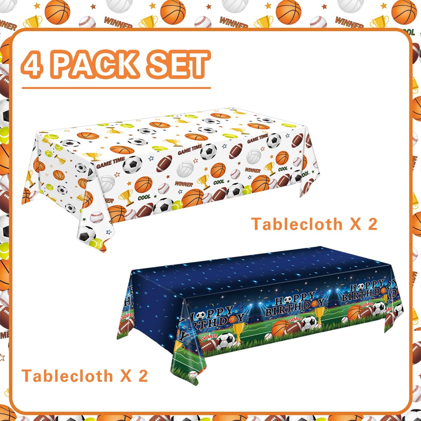LINHAXM 4 Pack Sports Tablecloths – 54 x 108 in, Multicolor, Spill-Resistant & Wipe Clean