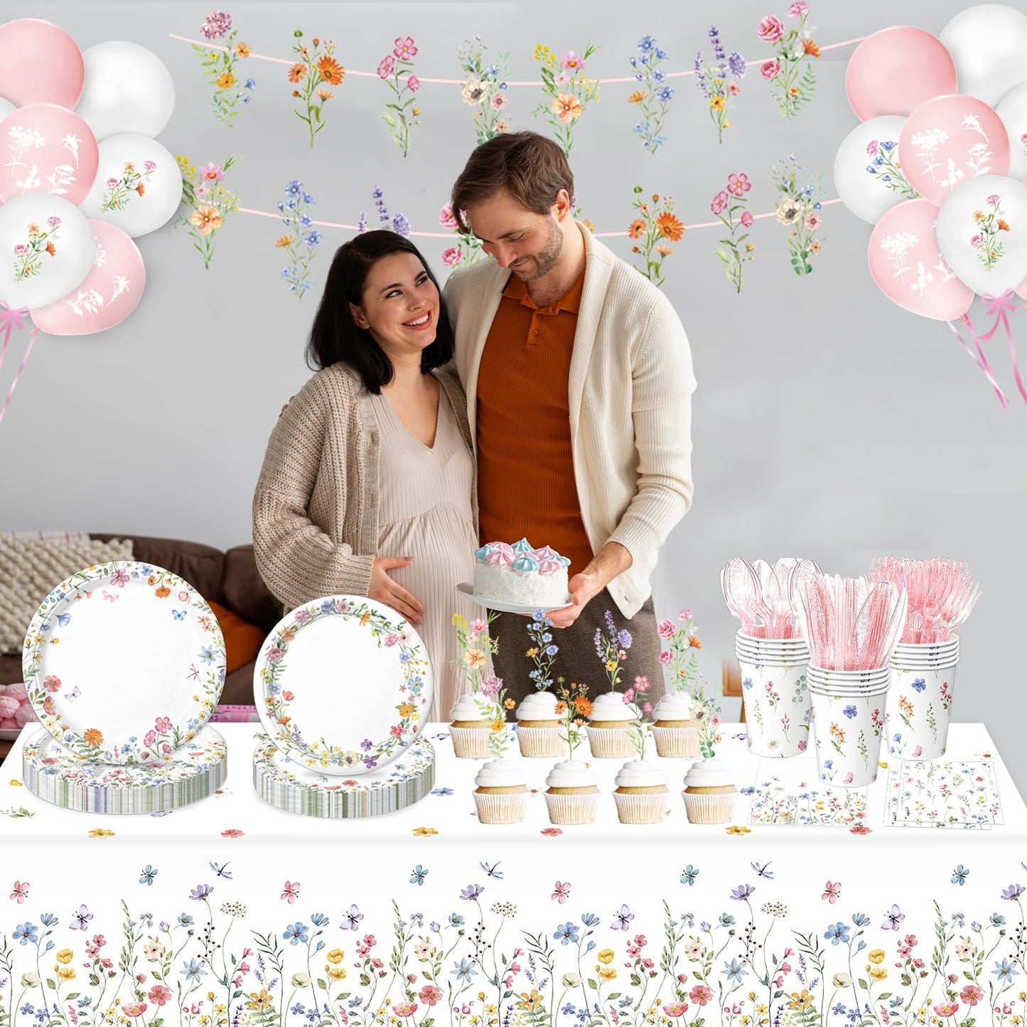 LINHAXM 175 PCS Spring Wildflower Party Decorations Kit – Floral Plates, Cups, Napkins & More (Serves 20)