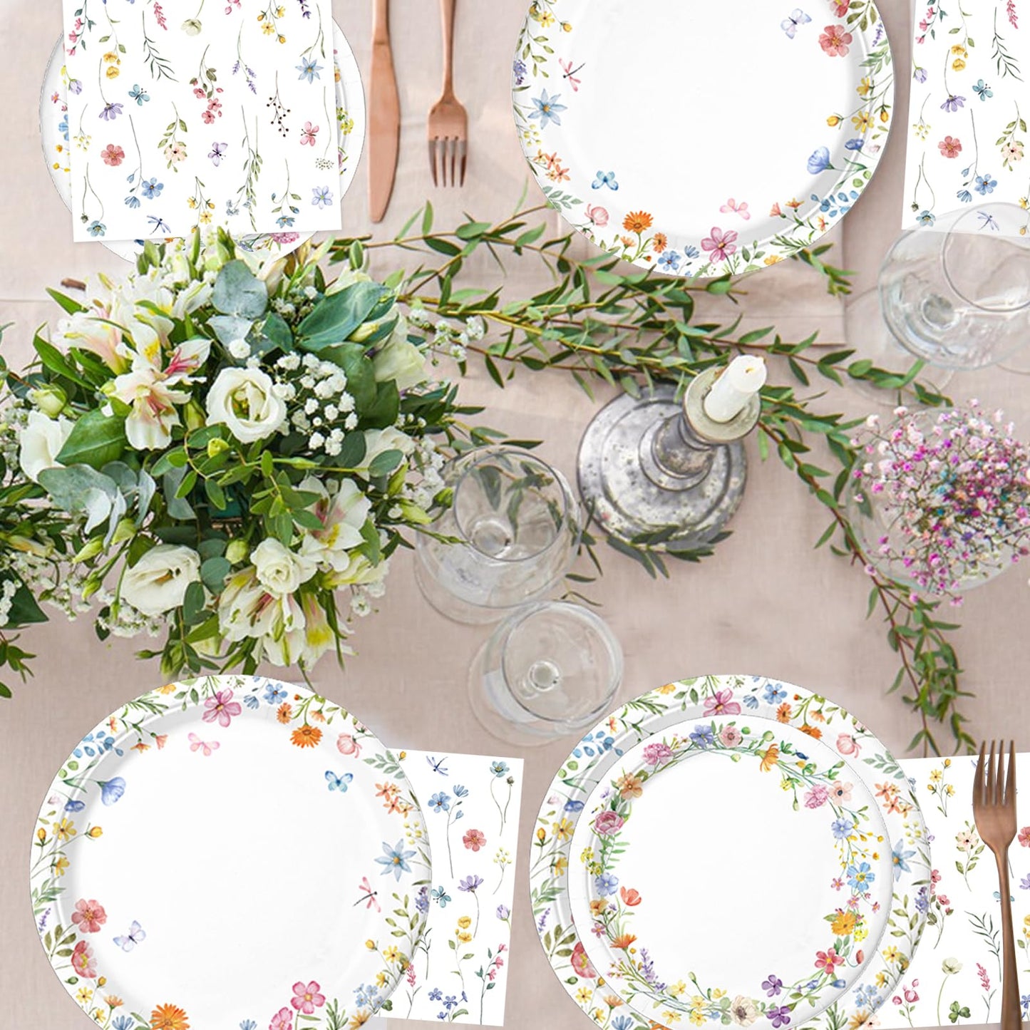 LINHAXM 175 PCS Spring Wildflower Party Decorations Kit – Floral Plates, Cups, Napkins & More (Serves 20)