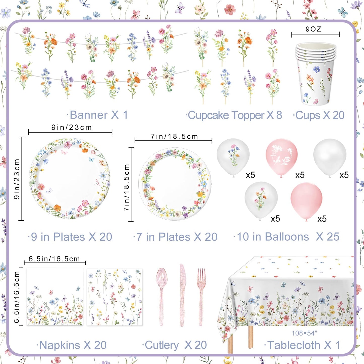 LINHAXM 175 PCS Spring Wildflower Party Decorations Kit – Floral Plates, Cups, Napkins & More (Serves 20)