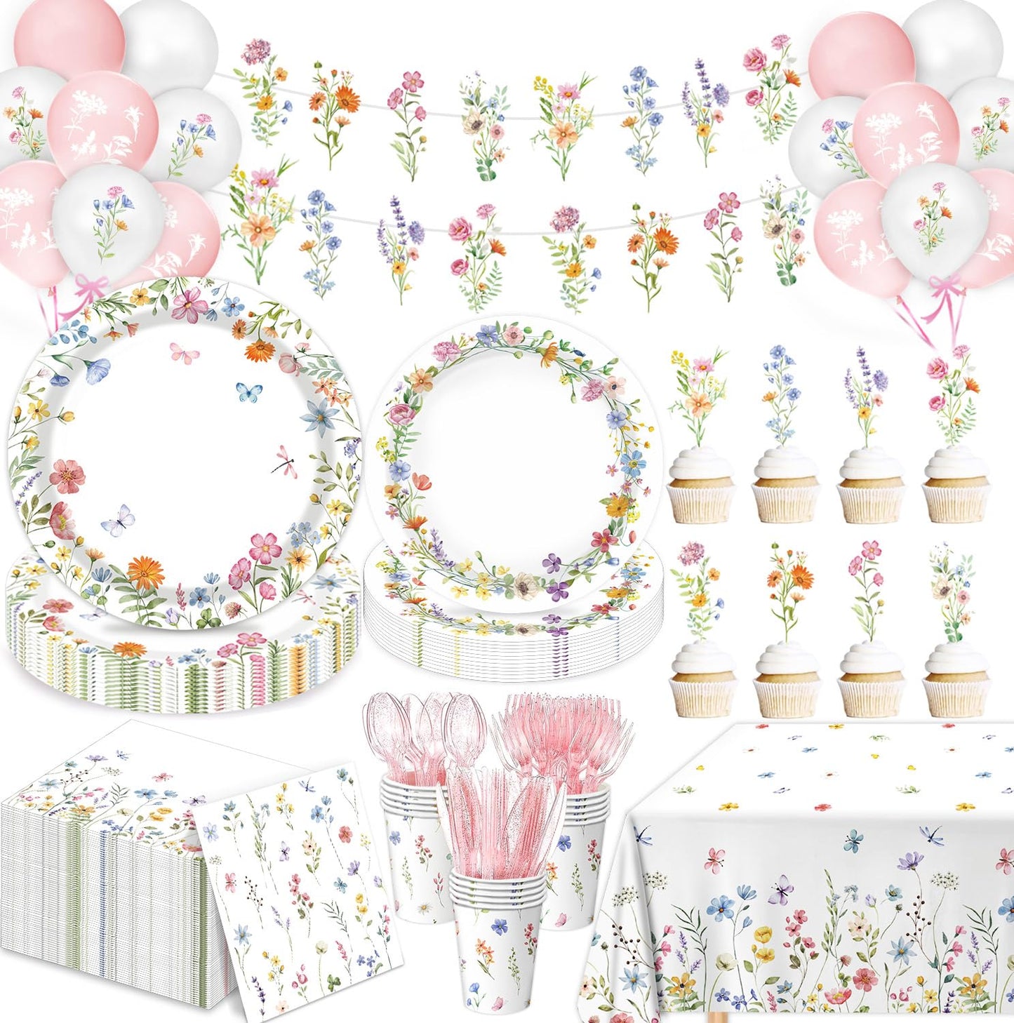 LINHAXM 175 PCS Spring Wildflower Party Decorations Kit – Floral Plates, Cups, Napkins & More (Serves 20)