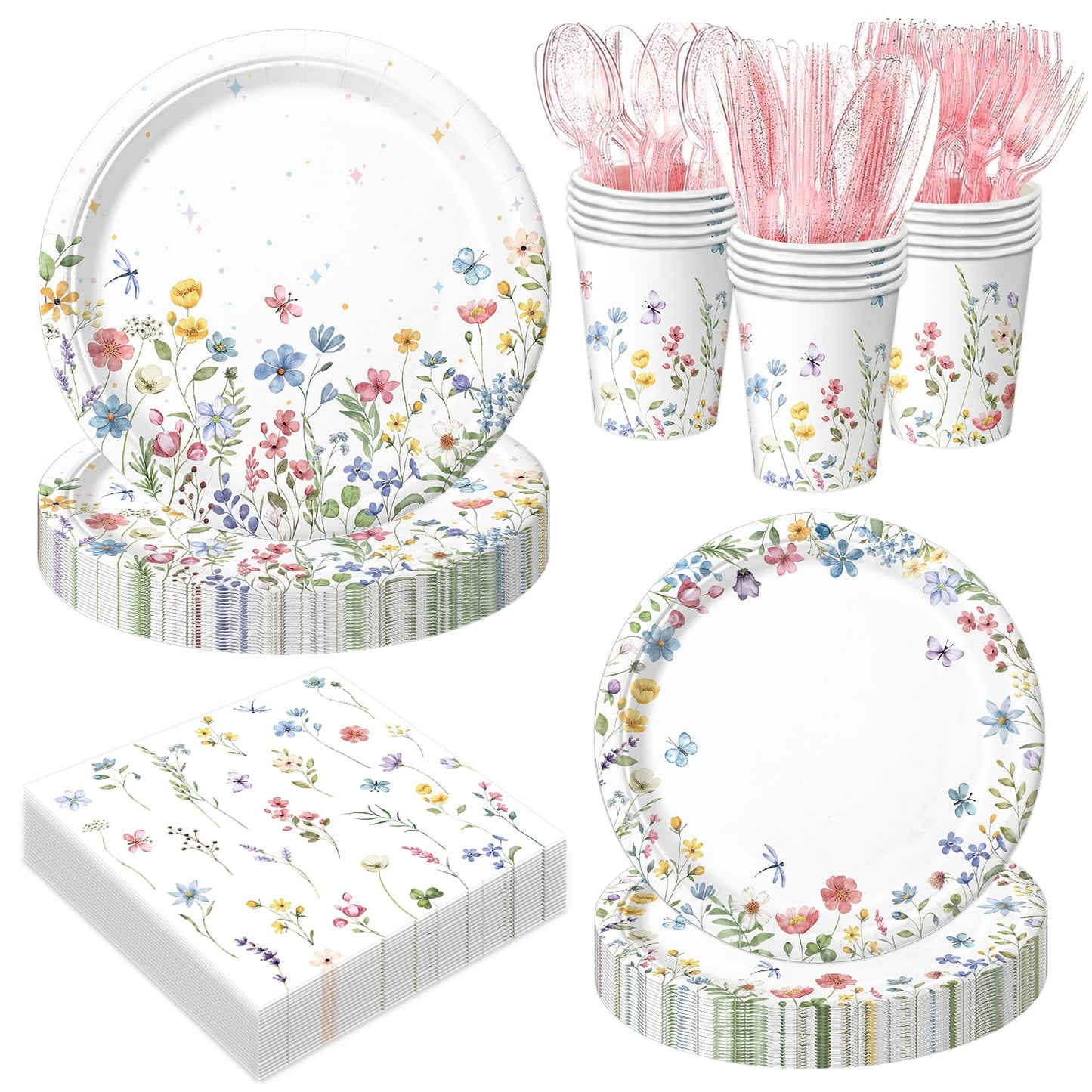 LINHAXM 168PCS Wildflower Party Decorations – Plates, Cups, Napkins, Cutlery for 24 Guests