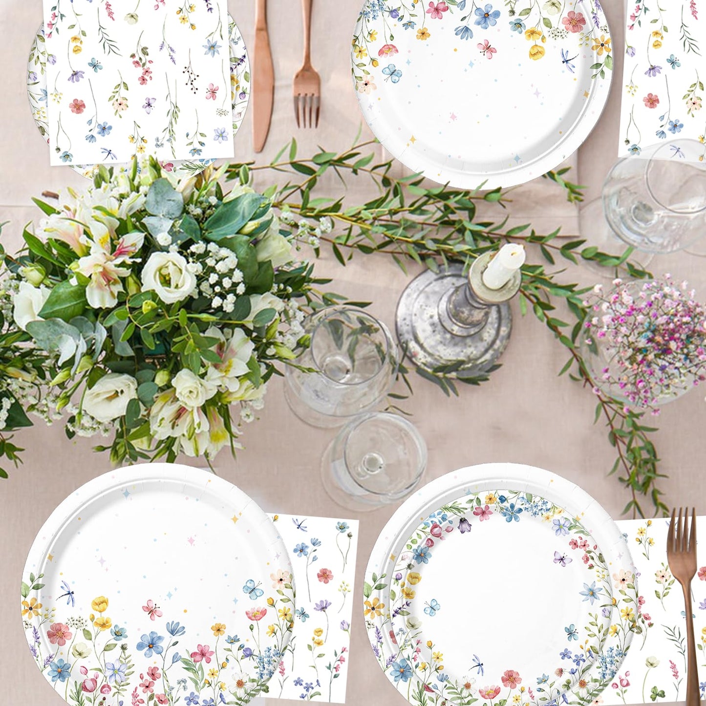 LINHAXM 168PCS Wildflower Party Decorations – Plates, Cups, Napkins, Cutlery for 24 Guests