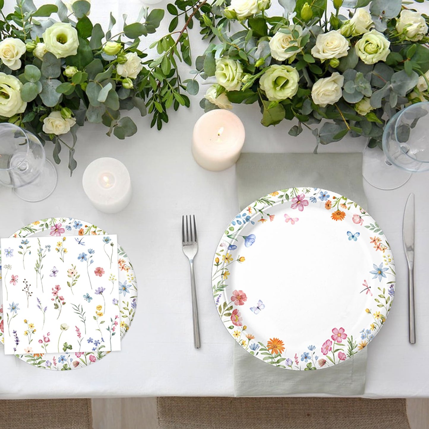 LINHAXM 175 PCS Spring Wildflower Party Decorations Kit – Floral Plates, Cups, Napkins & More (Serves 20)