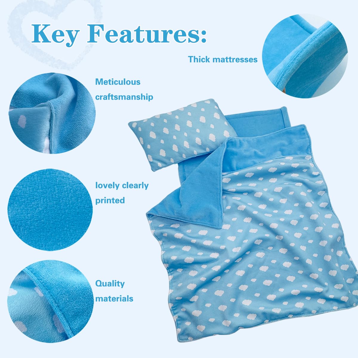 Linkyloop Baby Doll Bedding Set for 18-Inch Dolls – Blanket, Mattress & Pillow (Blue Sky)