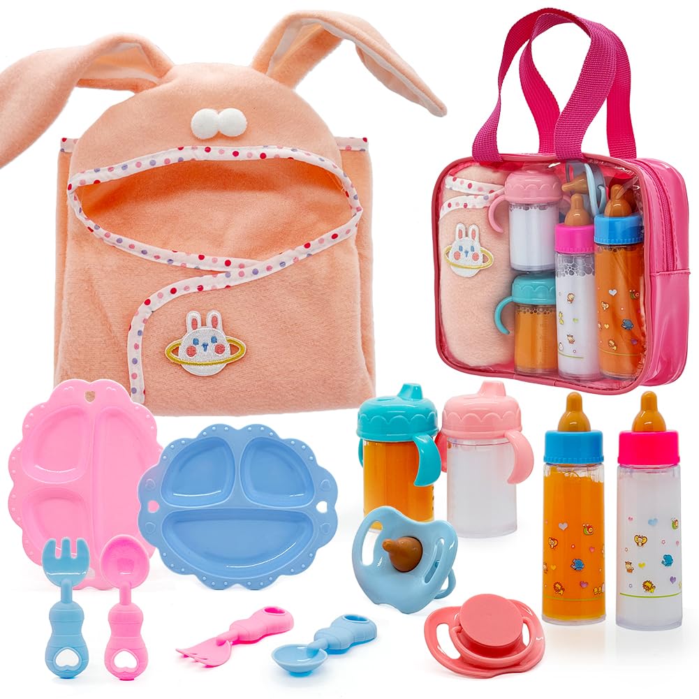 Linkyloop Baby Doll Accessories Magic Bottle Set – 13-Piece Doll Feeding Pretend Playset with Disappearing Milk & Juice Bottles