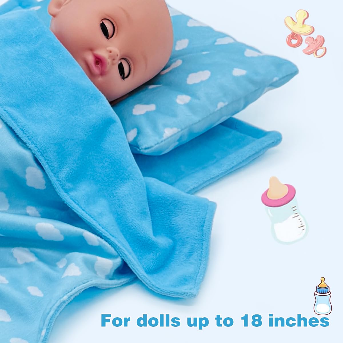 Linkyloop Baby Doll Bedding Set for 18-Inch Dolls – Blanket, Mattress & Pillow (Blue Sky)