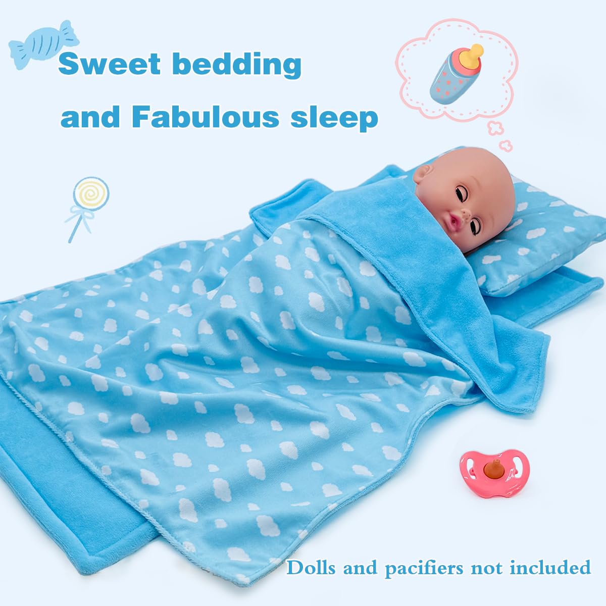 Linkyloop Baby Doll Bedding Set for 18-Inch Dolls – Blanket, Mattress & Pillow (Blue Sky)