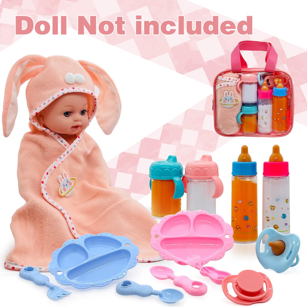 Linkyloop Baby Doll Accessories Magic Bottle Set – 13-Piece Doll Feeding Pretend Playset with Disappearing Milk & Juice Bottles