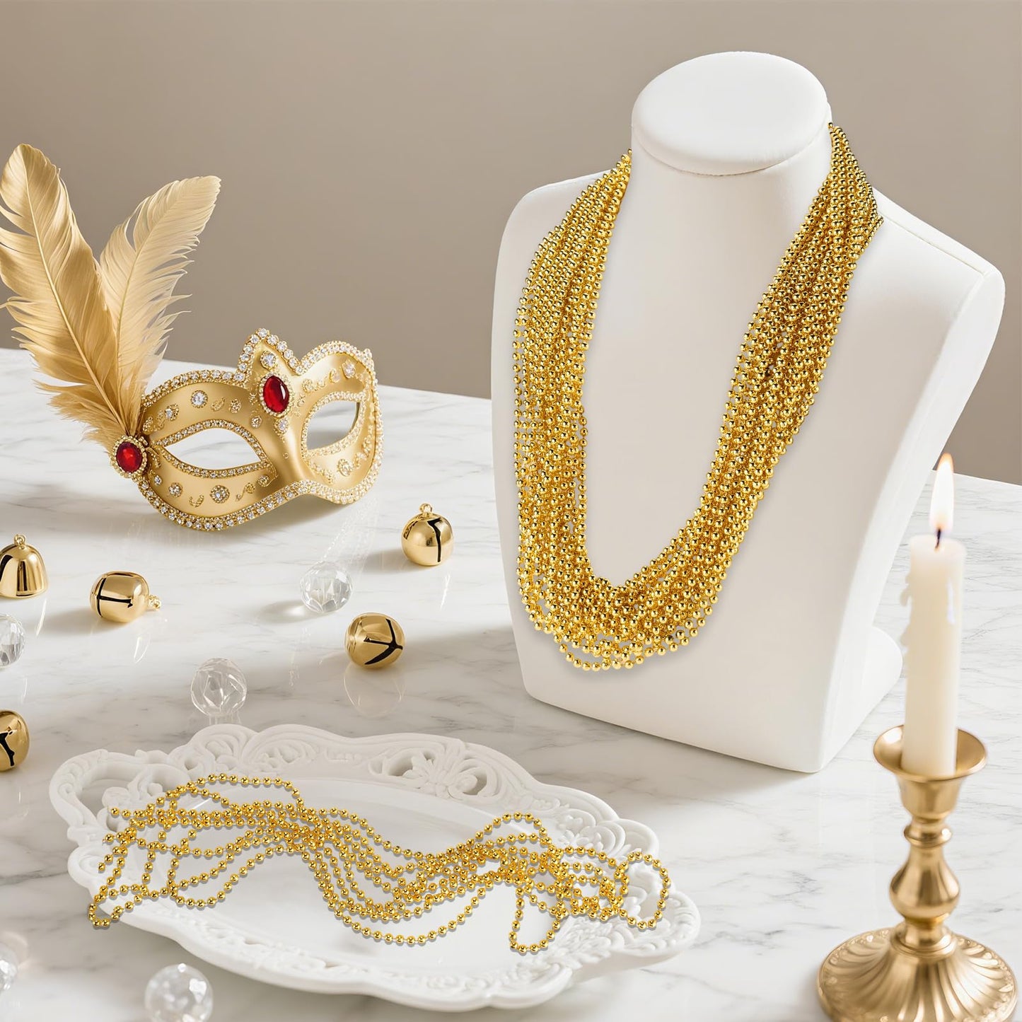 LINSIRON 220 Pcs Gold Bead Necklace – 33in Mardi Gras Beads for Parties, Weddings & Parades