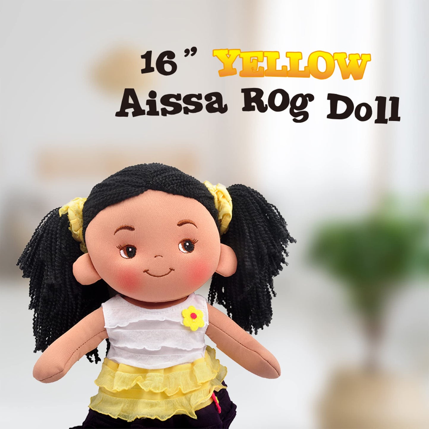 Linzy Plush 16-inch Yellow Aissa Rag Doll – Soft Cuddle Toy for Kids