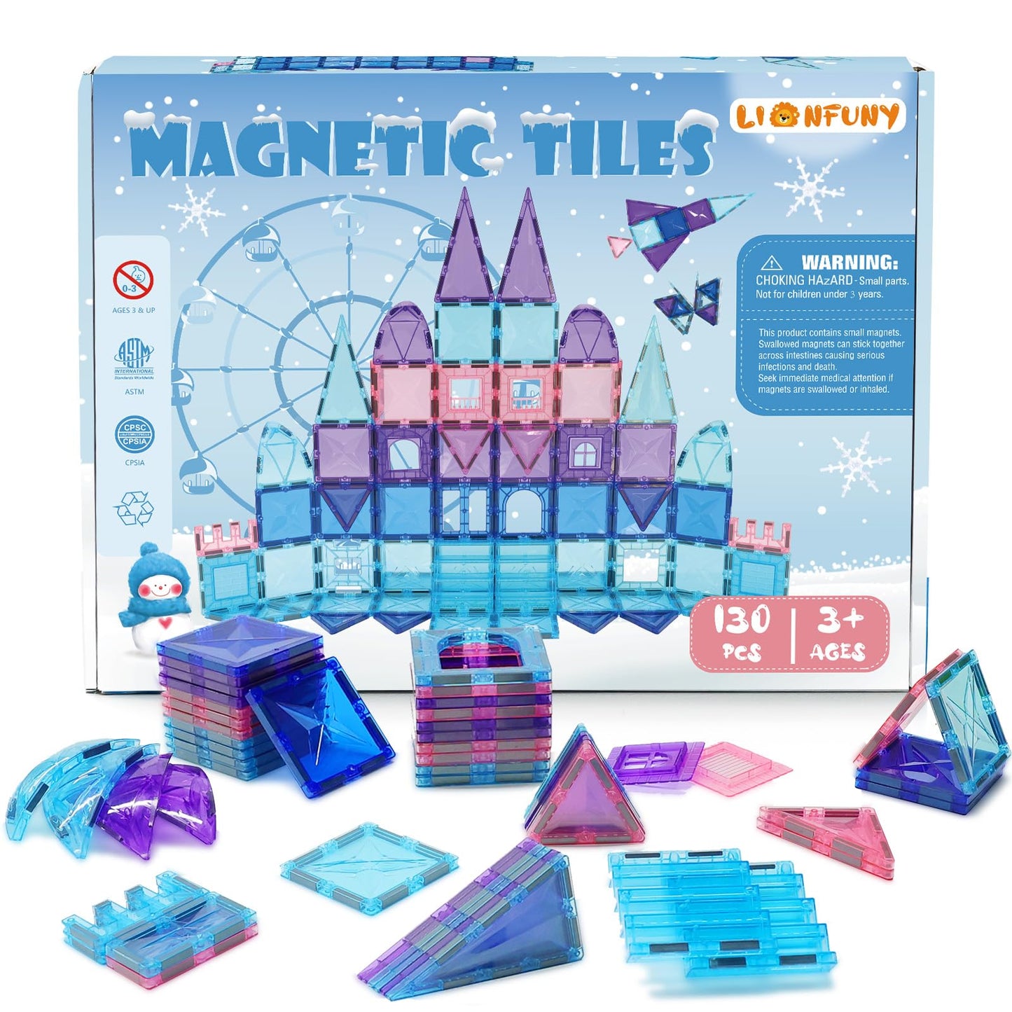 LionFuny 130PCS Magnetic Tiles – 3D Diamond Blocks STEM Toy for Kids Aged 3-12