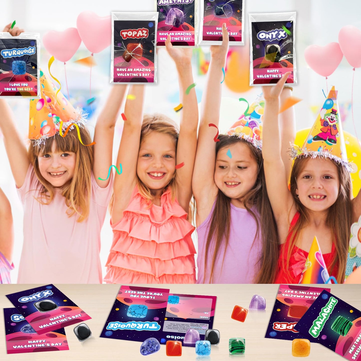 Lionoble Valentine's Rocks Gift Set for Kids – 28-Piece Crystal Gem Collection with Cards & Classroom Favors