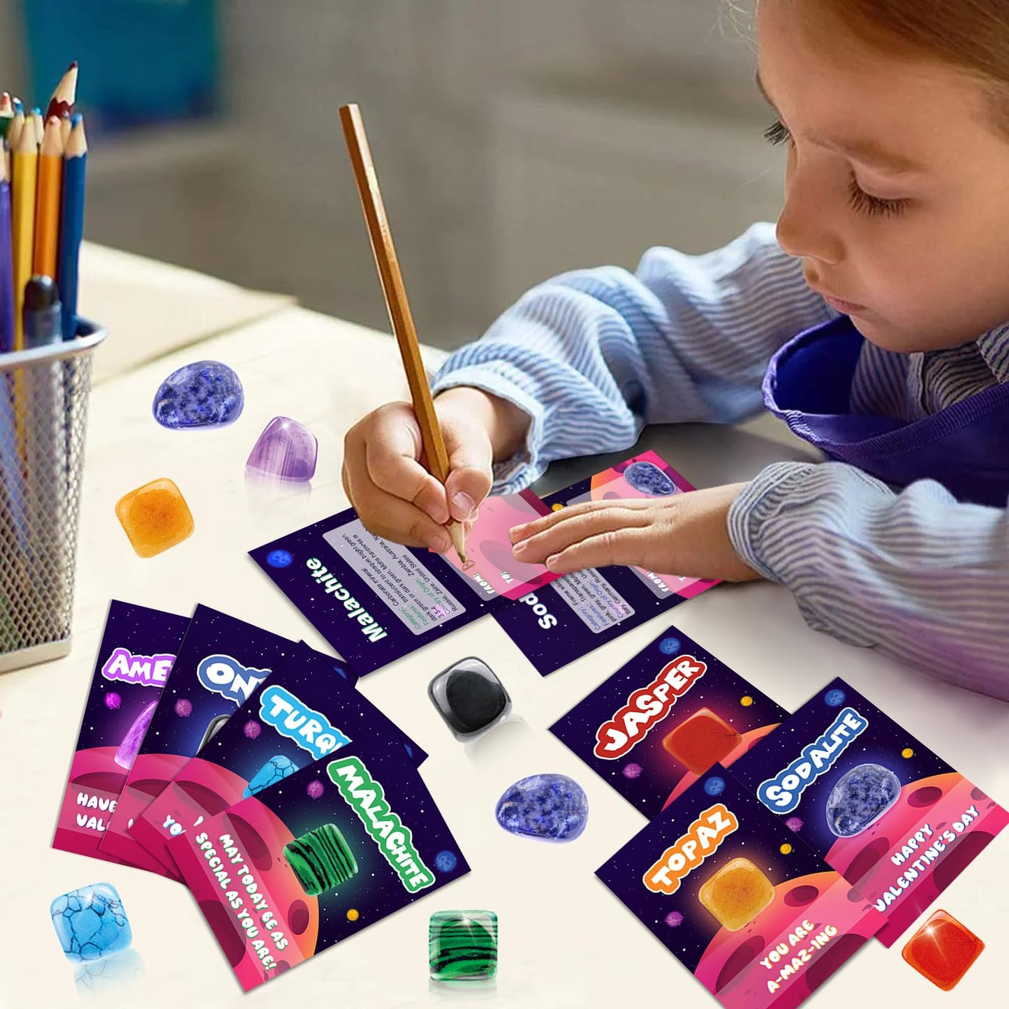 Lionoble Valentine's Rocks Gift Set for Kids – 28-Piece Crystal Gem Collection with Cards & Classroom Favors