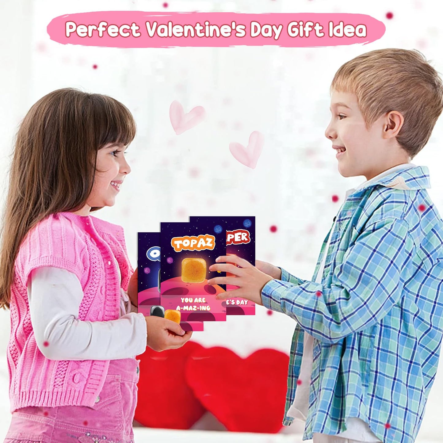 Lionoble Valentine's Rocks Gift Set for Kids – 28-Piece Crystal Gem Collection with Cards & Classroom Favors