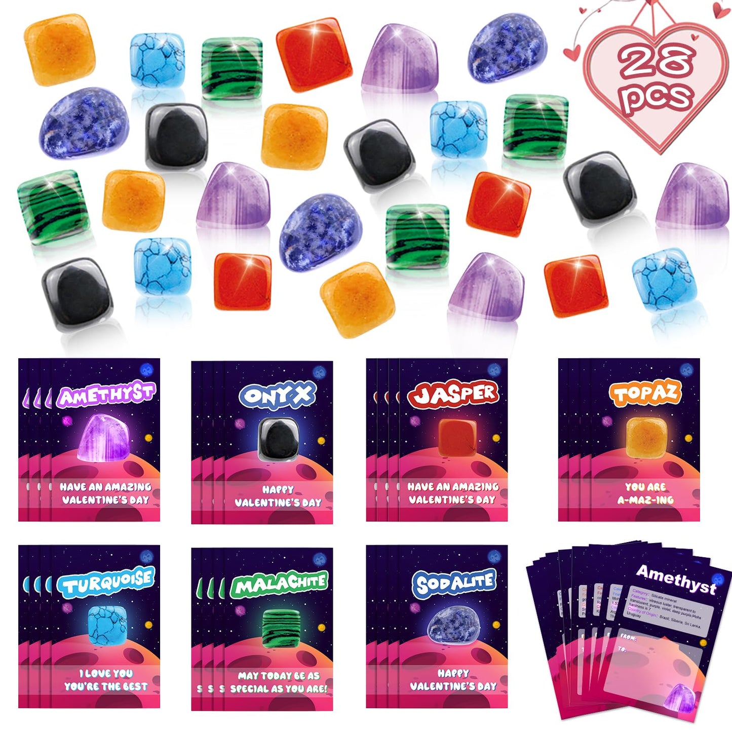 Lionoble Valentine's Rocks Gift Set for Kids – 28-Piece Crystal Gem Collection with Cards & Classroom Favors
