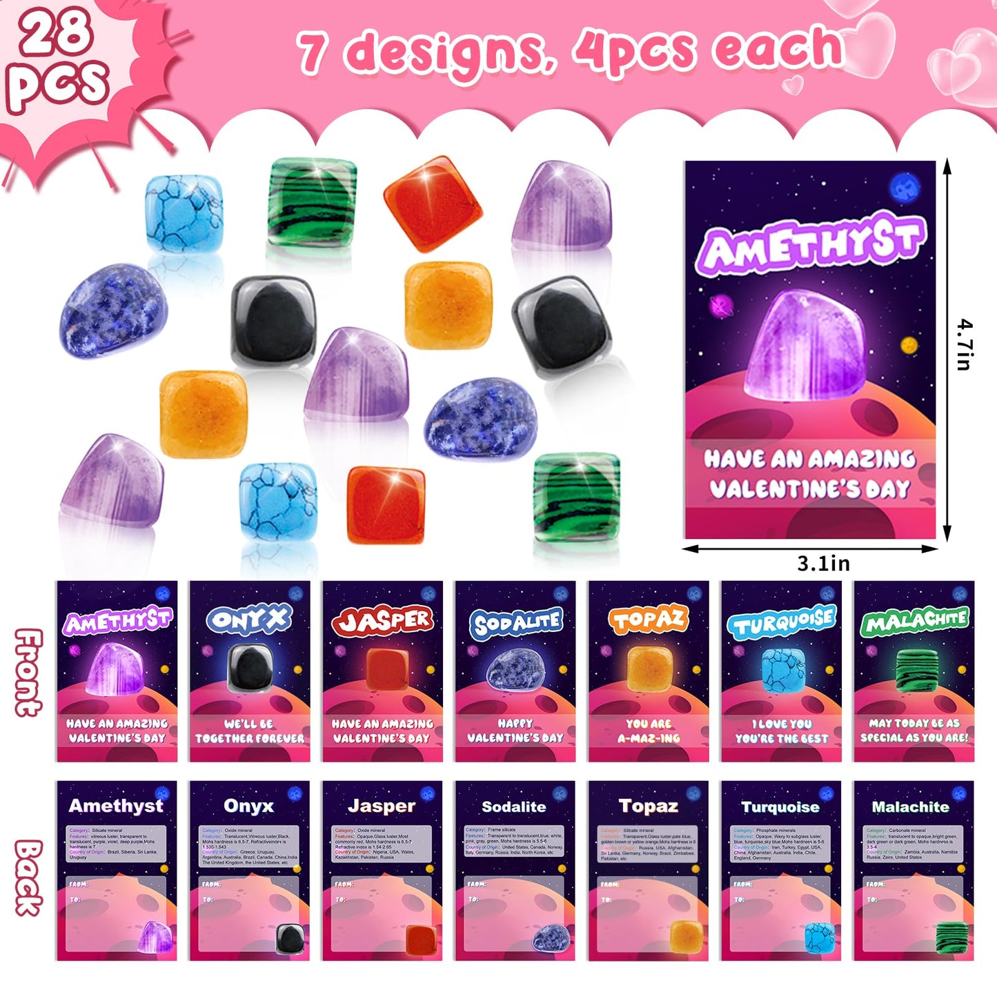 Lionoble Valentine's Rocks Gift Set for Kids – 28-Piece Crystal Gem Collection with Cards & Classroom Favors