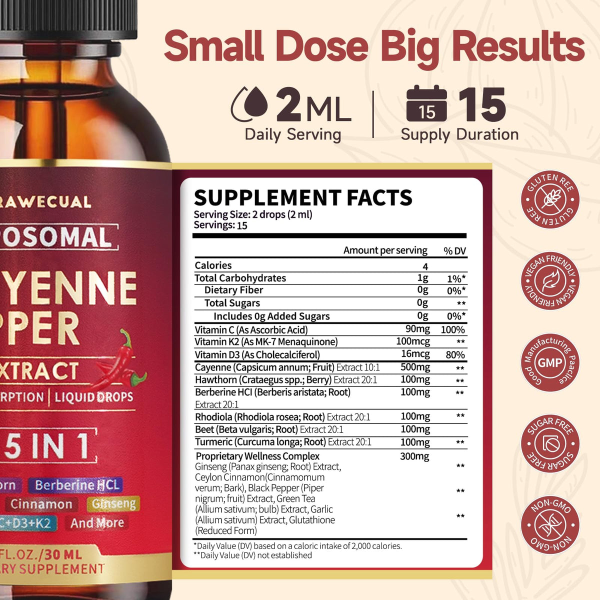 Liposomal Cayenne Pepper Liquid Drops – 15-in-1 Formula with D3, K2, Berberine for Circulation, Metabolism & Digestion | 1 fl oz