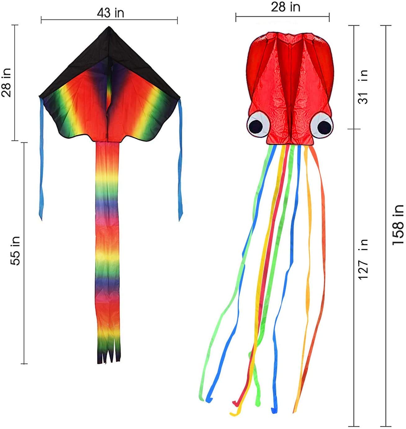 Listenman 2 Pack Kites: Large Rainbow Kite & Red Mollusc Octopus Kite
