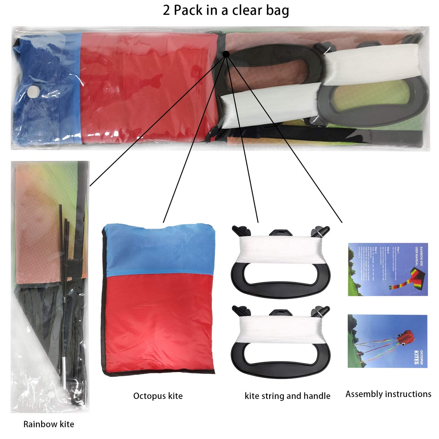 Listenman 2 Pack Kites: Large Rainbow Kite & Red Mollusc Octopus Kite