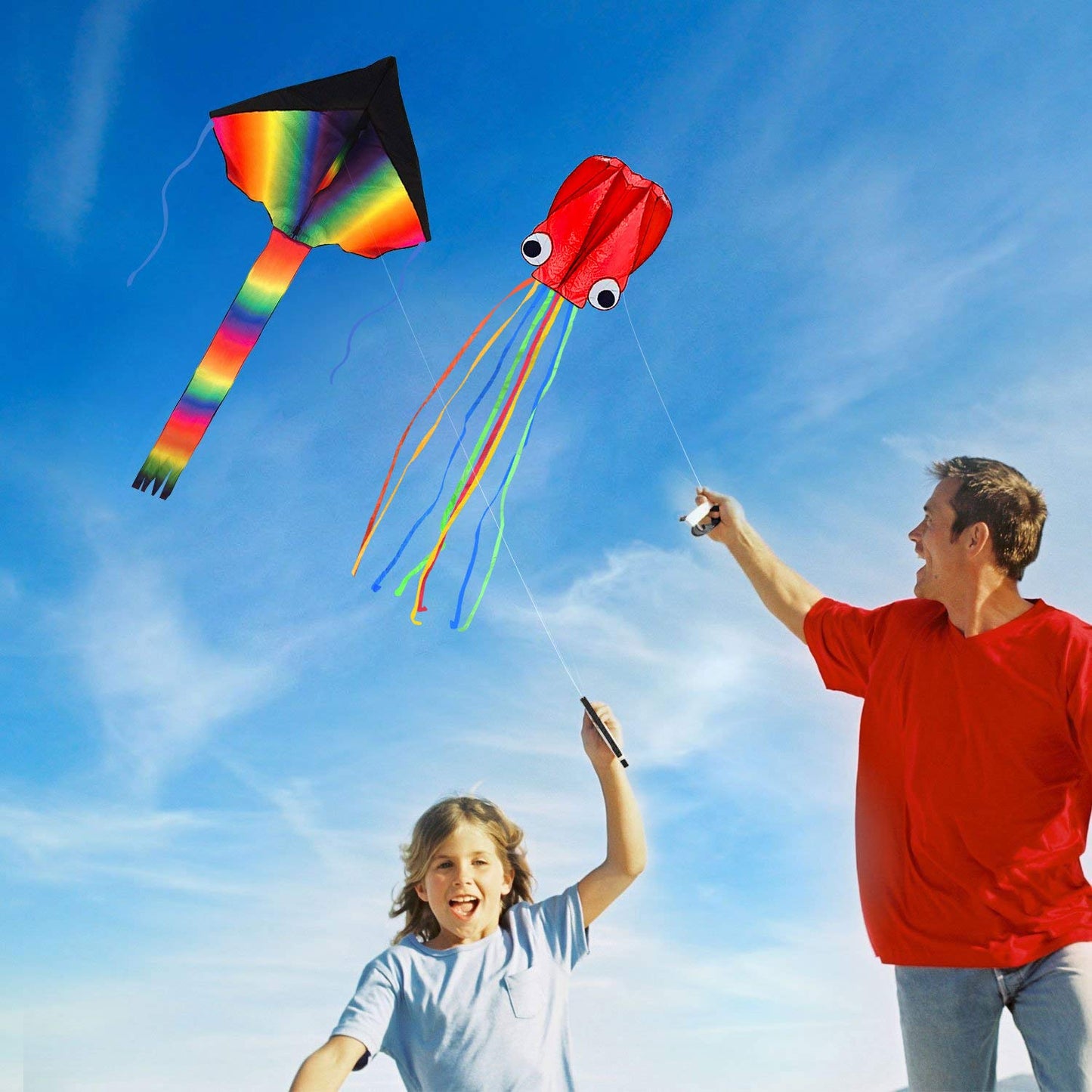 Listenman 2 Pack Kites: Large Rainbow Kite & Red Mollusc Octopus Kite
