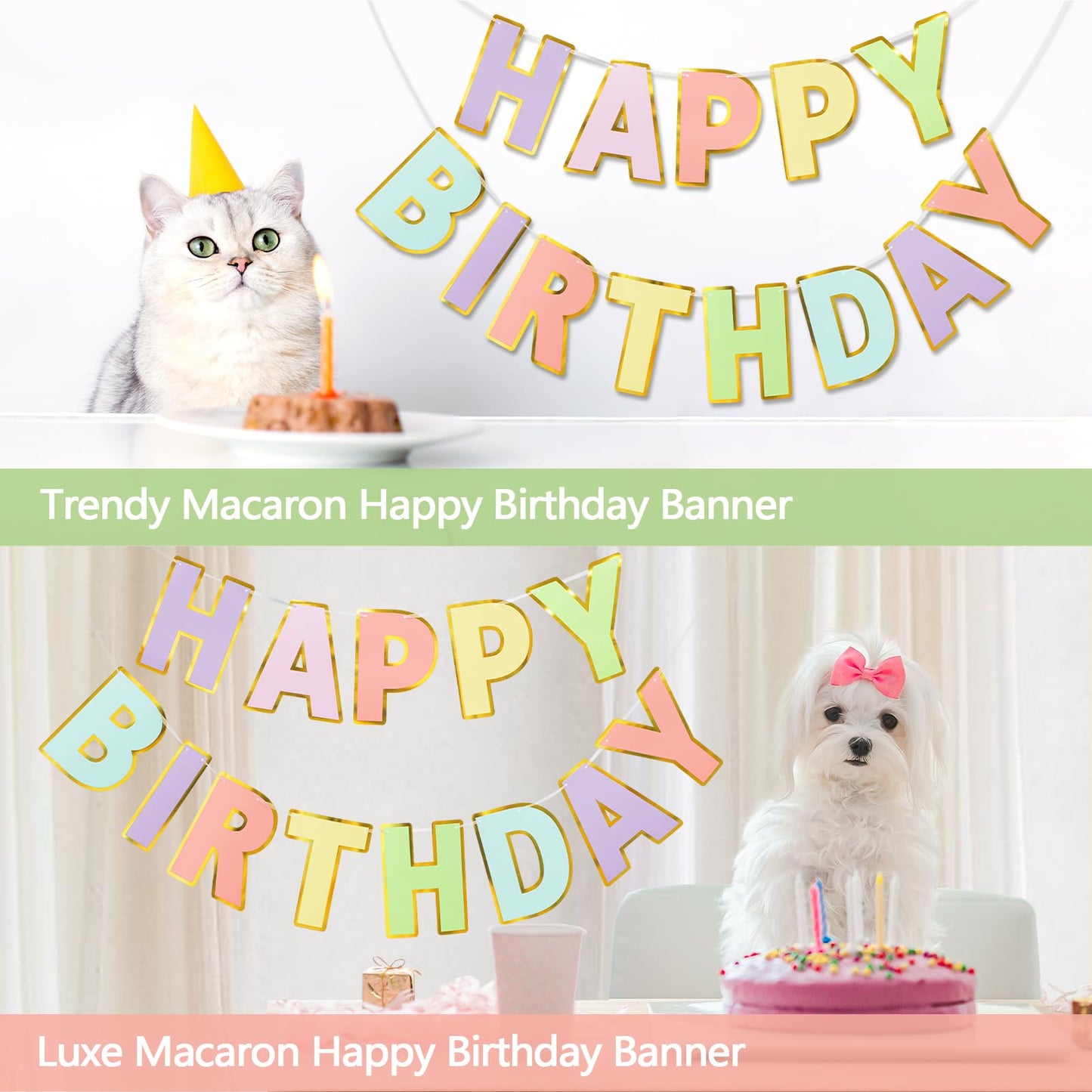LITAUS Happy Birthday Banner & Sign – 9ft Pre-Strung, Pastel Decor with Gold Foil Edges