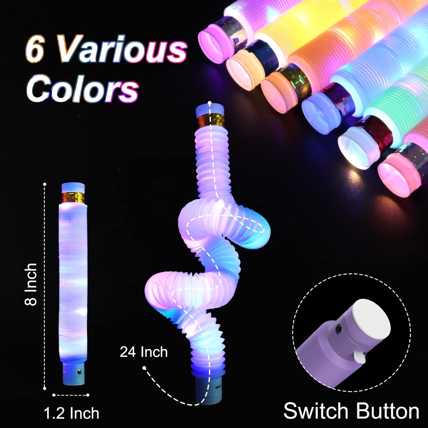 LITFP Light Up Glow Sticks Fidget Pop Tubes – 24-Pack Party Sensory Toys