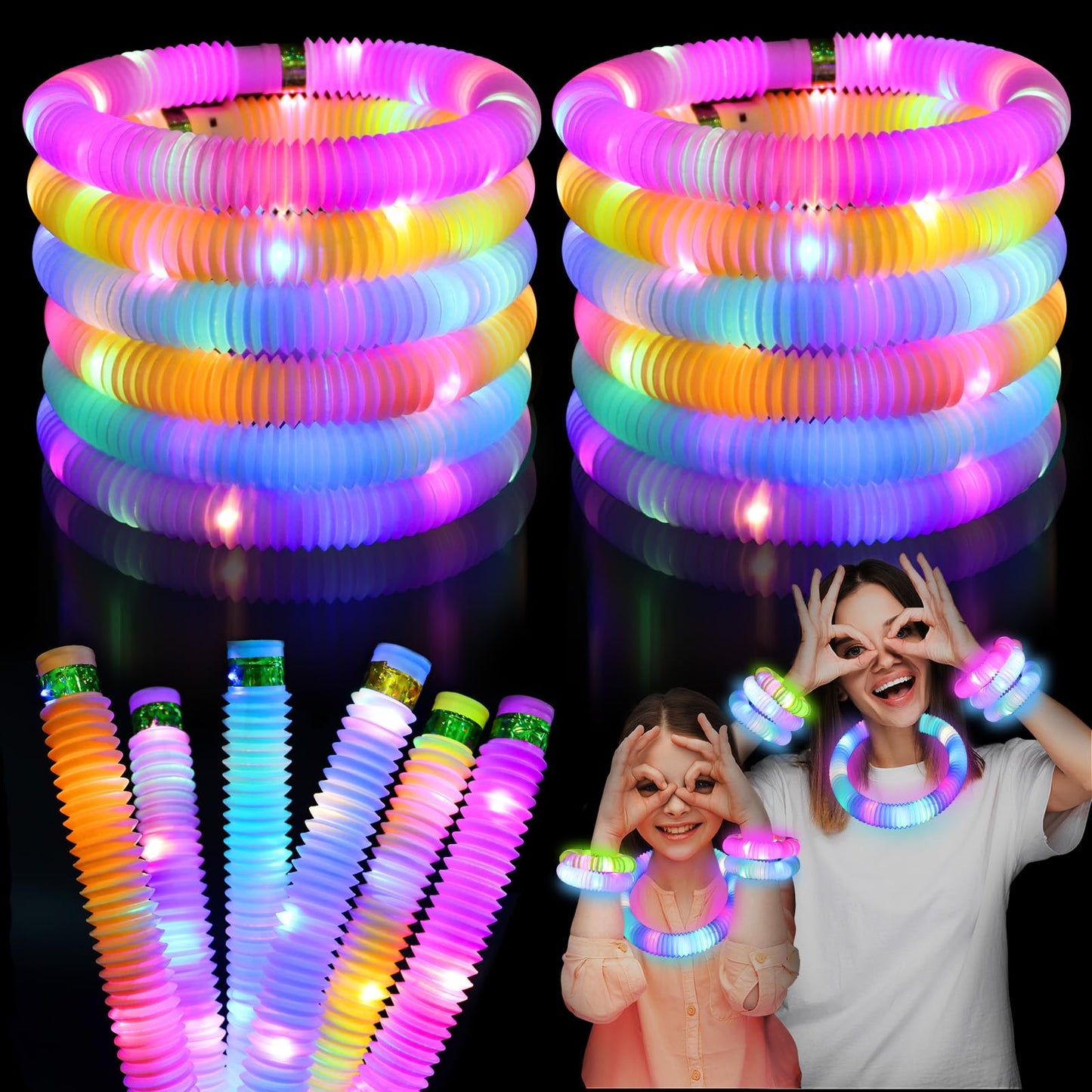 LITFP Light Up Glow Sticks Fidget Pop Tubes – 24-Pack Party Sensory Toys