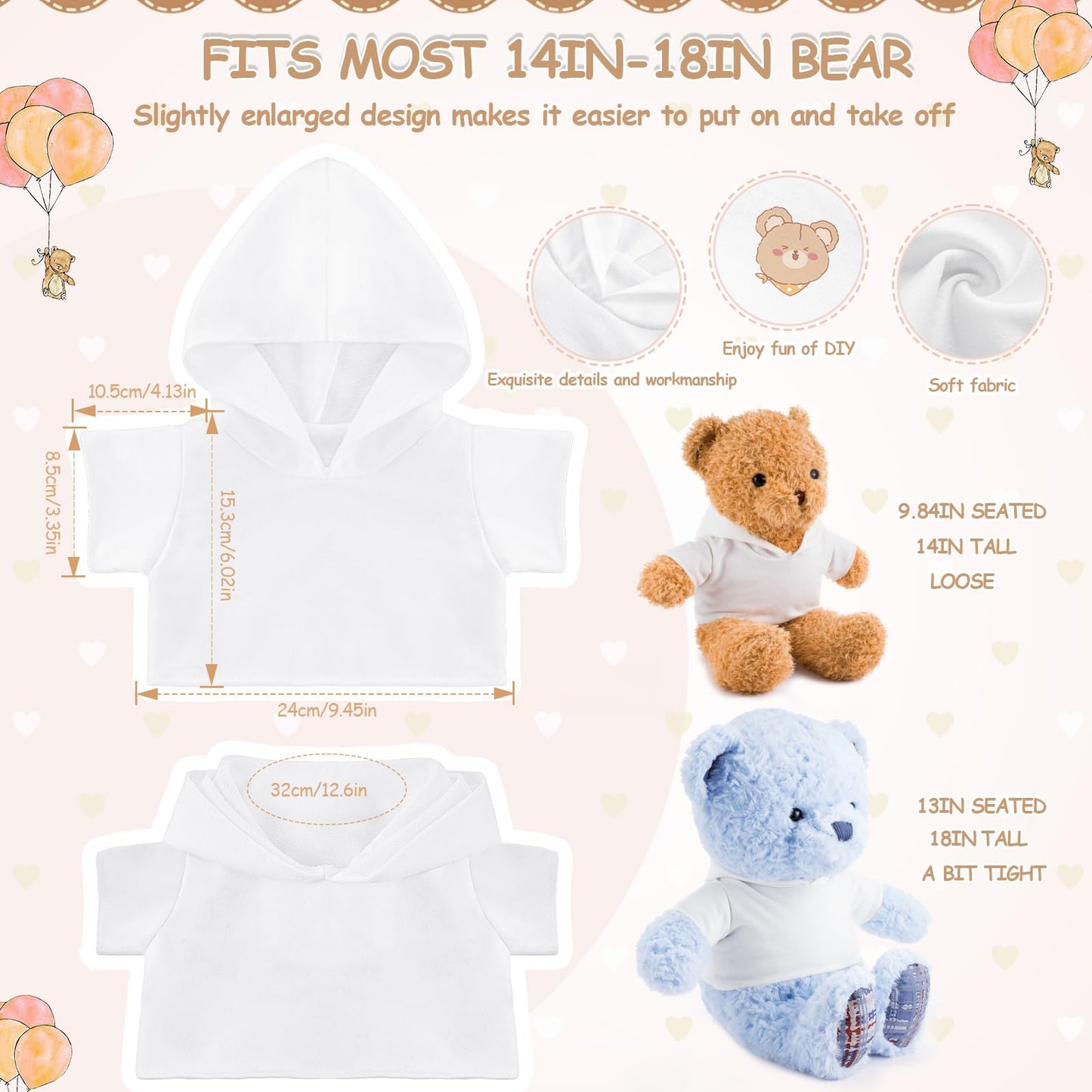 Litherr S 12-Pack Stuffed Bear Clothes — 14-18 Inch Plush Hoodie Shirts (White)