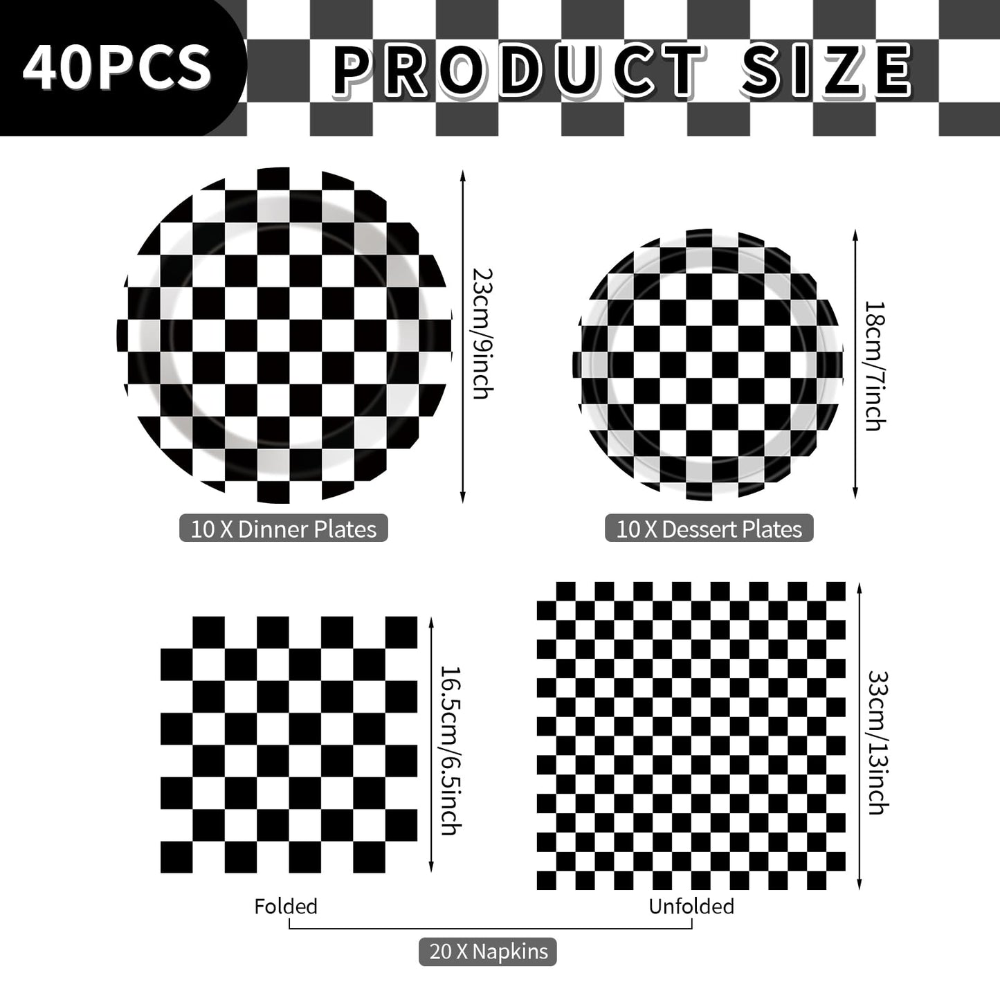 Litmitfu 40 Pcs Race Car Plates & Napkins — Black & White Checkered Birthday Tableware Set