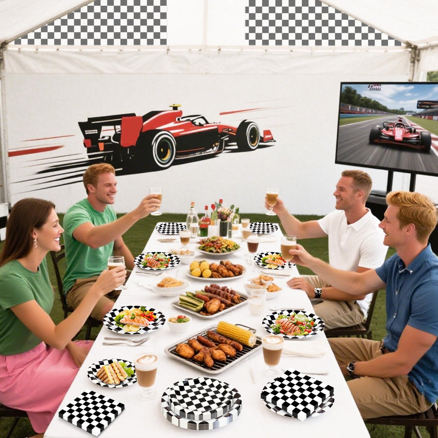 Litmitfu 40 Pcs Race Car Plates & Napkins — Black & White Checkered Birthday Tableware Set