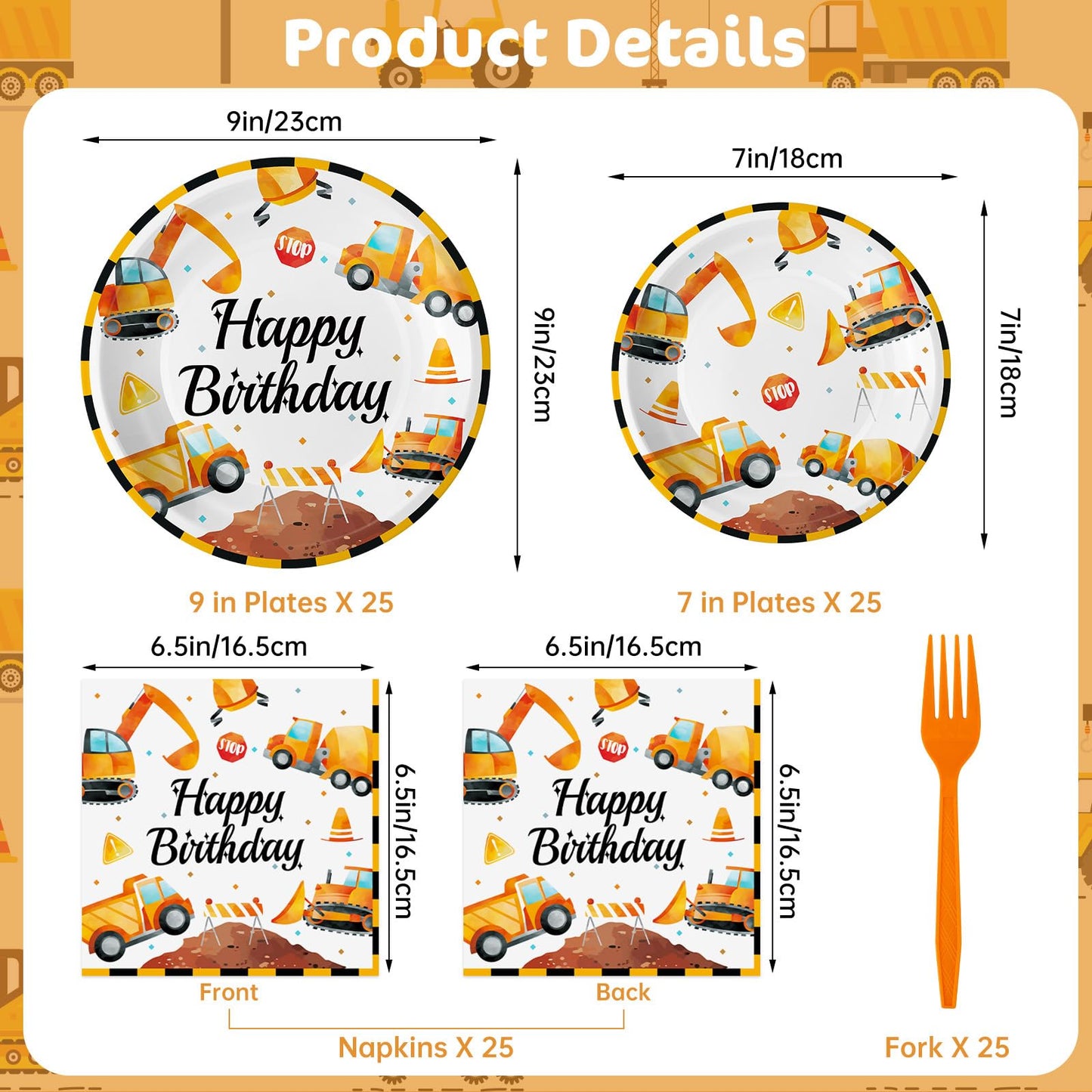 Litmitfu Construction Birthday Party Supplies – 100 Pcs Plates, Napkins & Forks Set (Serves 25)