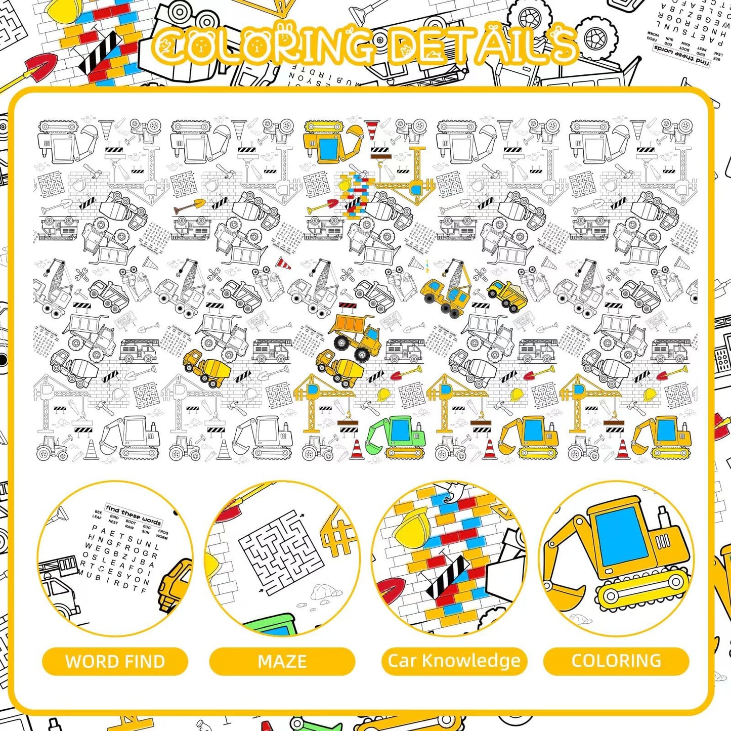 Litmitfu 1 Pack Construction Coloring Table Cloth – Giant 54 x 108 in Color-In Poster
