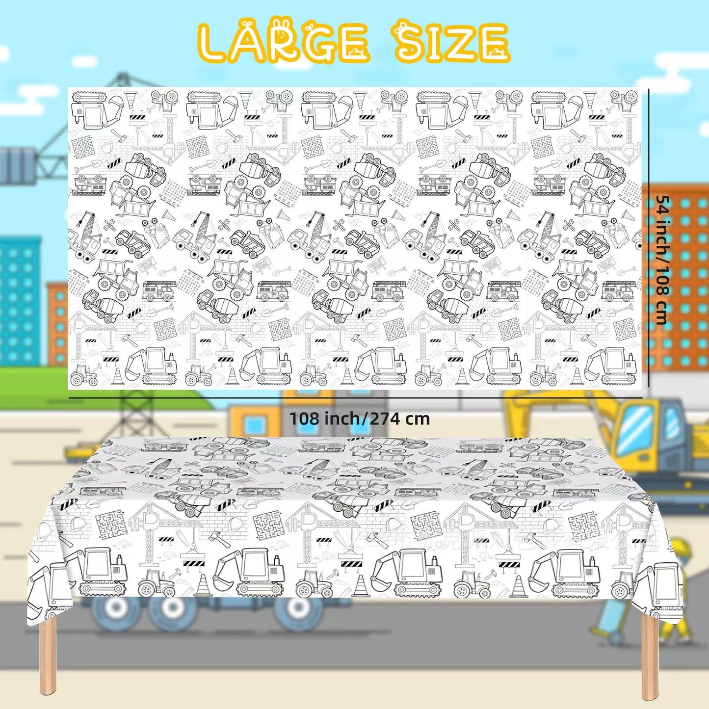 Litmitfu 1 Pack Construction Coloring Table Cloth – Giant 54 x 108 in Color-In Poster