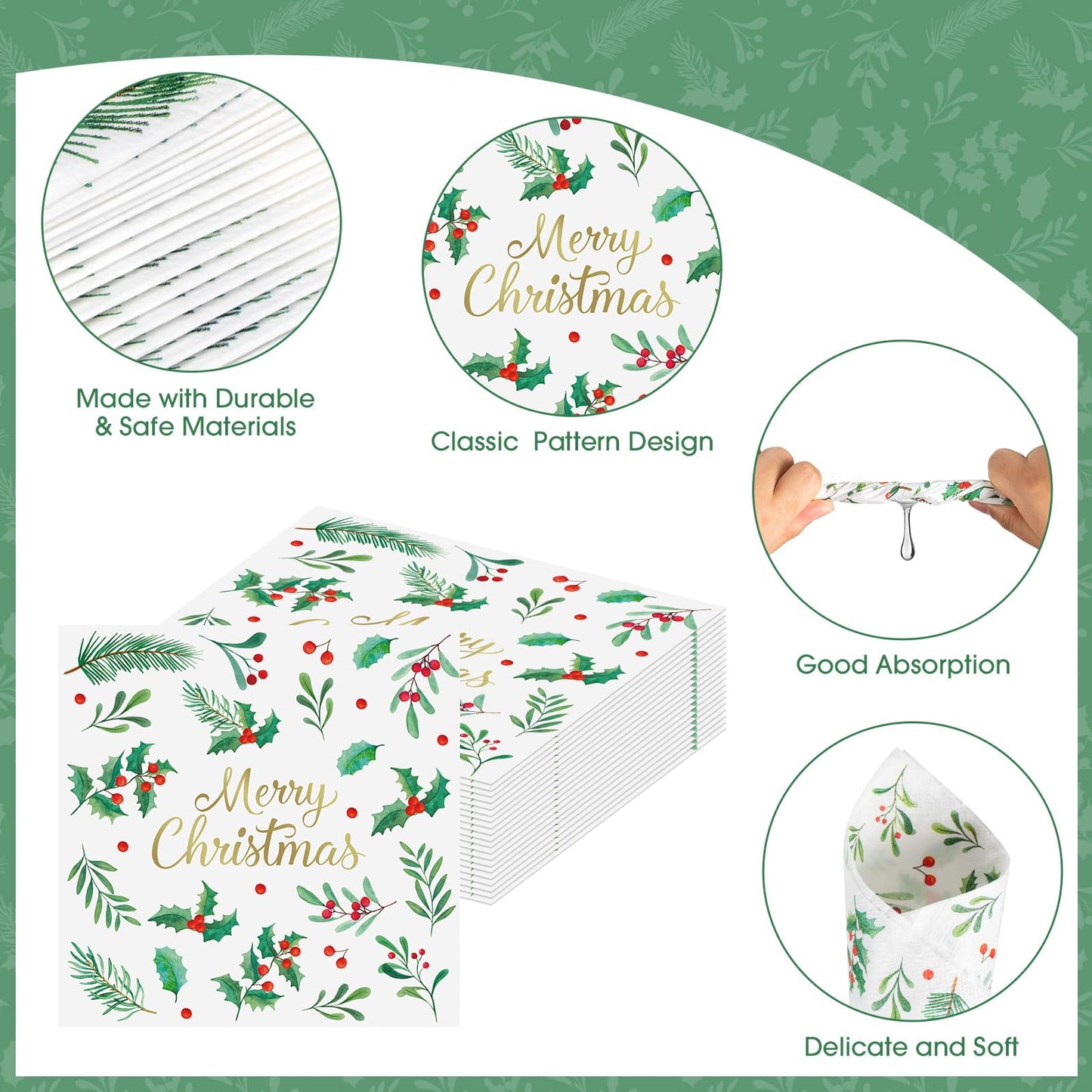 Litmitfu 40-Piece Merry Christmas Napkins – 13-Inch 3-Ply Disposable Holly Leaves & Red Berries