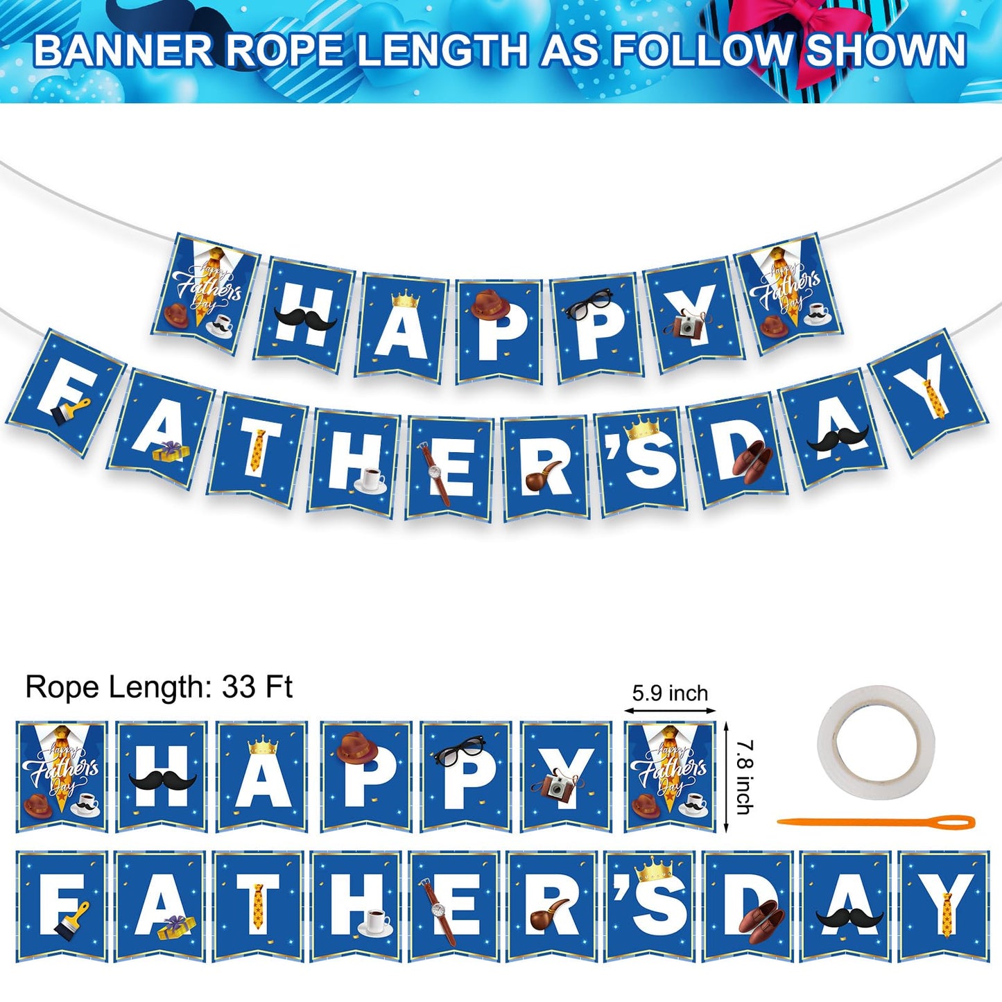 Litmitfu Happy Father's Day Banner – Blue & White Bunting for Indoor & Outdoor Decor