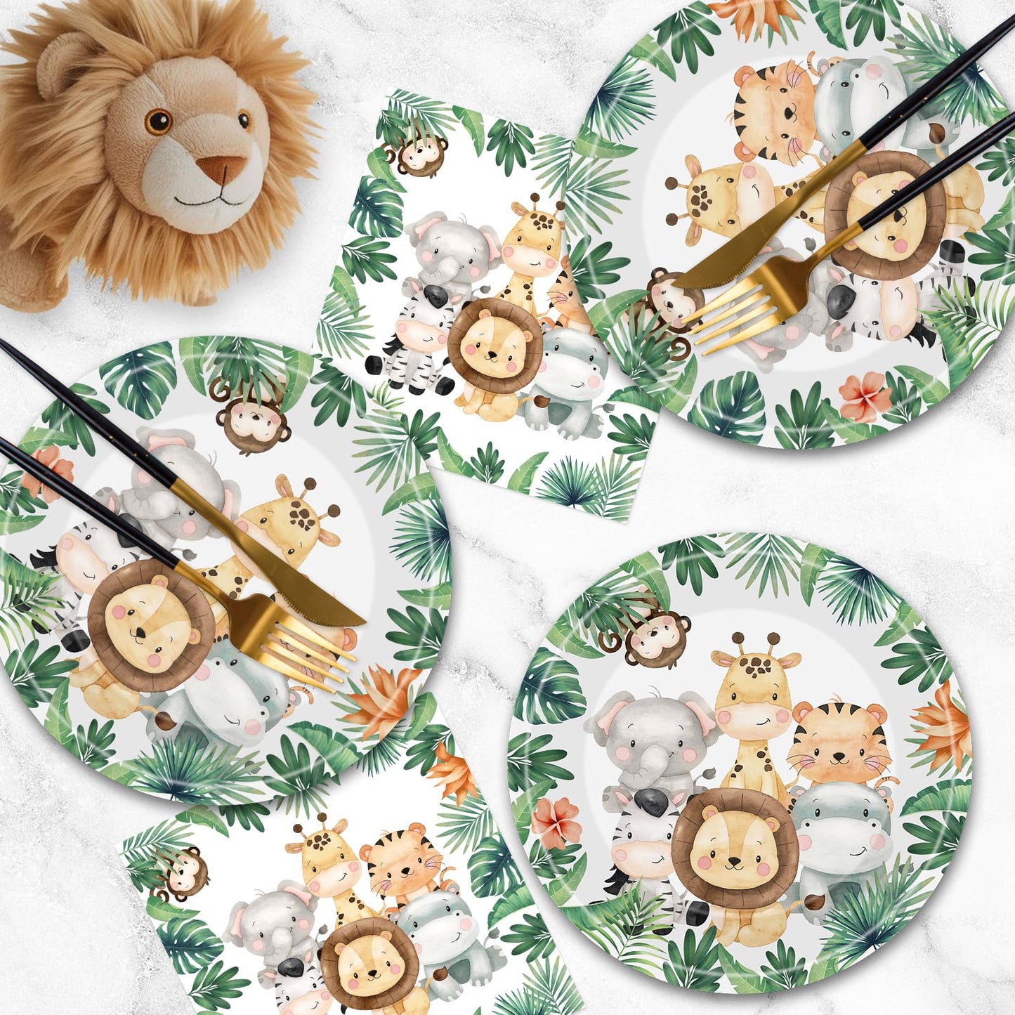 Litmitfu 40 Pcs Jungle Animals Party Plates & Napkins Set – Safari Theme Tableware for Baby Showers & Zoo Parties (Serves 20)