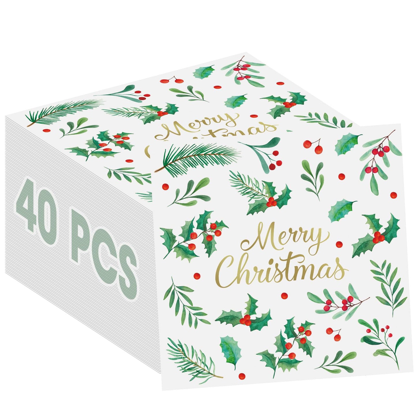 Litmitfu 40-Piece Merry Christmas Napkins – 13-Inch 3-Ply Disposable Holly Leaves & Red Berries