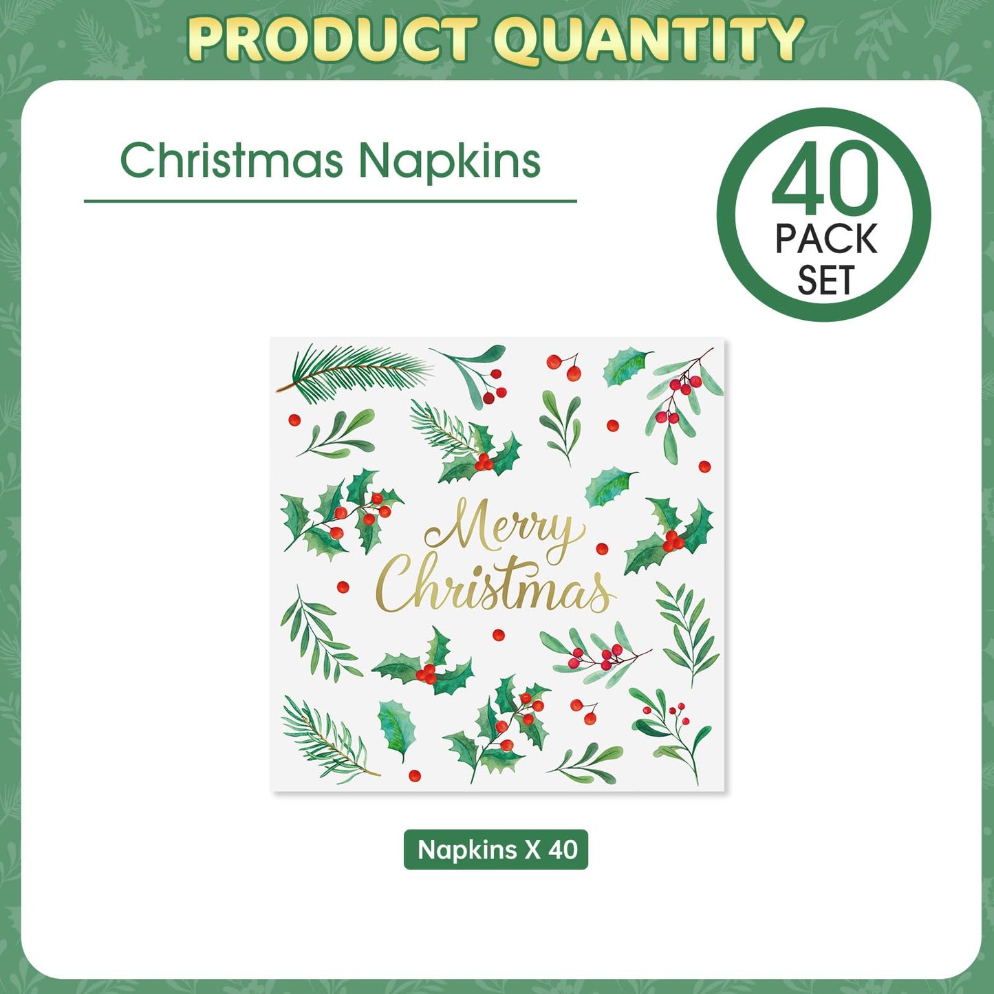 Litmitfu 40-Piece Merry Christmas Napkins – 13-Inch 3-Ply Disposable Holly Leaves & Red Berries