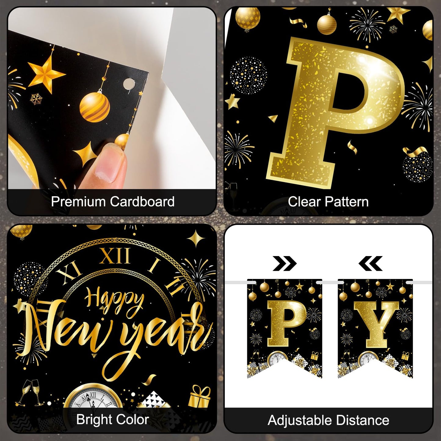 Litmitfu Black Gold Happy New Year Banner 2026 – DIY 16-Piece Garland