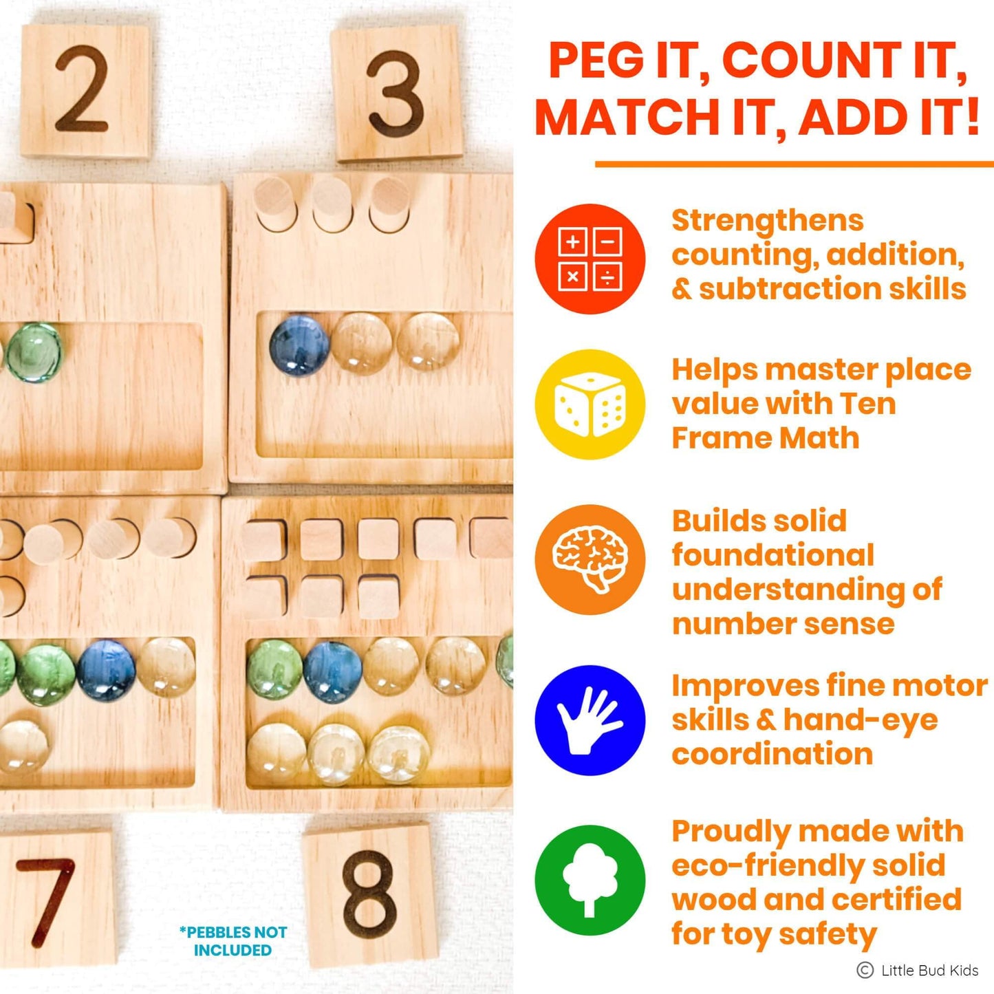 LITTLE BUD KIDS Counting Pegs: Ten Frame Math Game for Addition & Subtraction