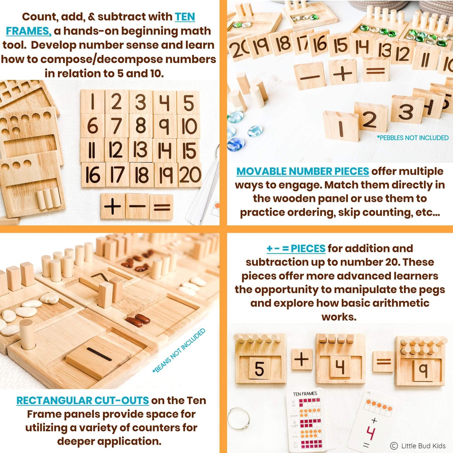 LITTLE BUD KIDS Counting Pegs: Ten Frame Math Game for Addition & Subtraction