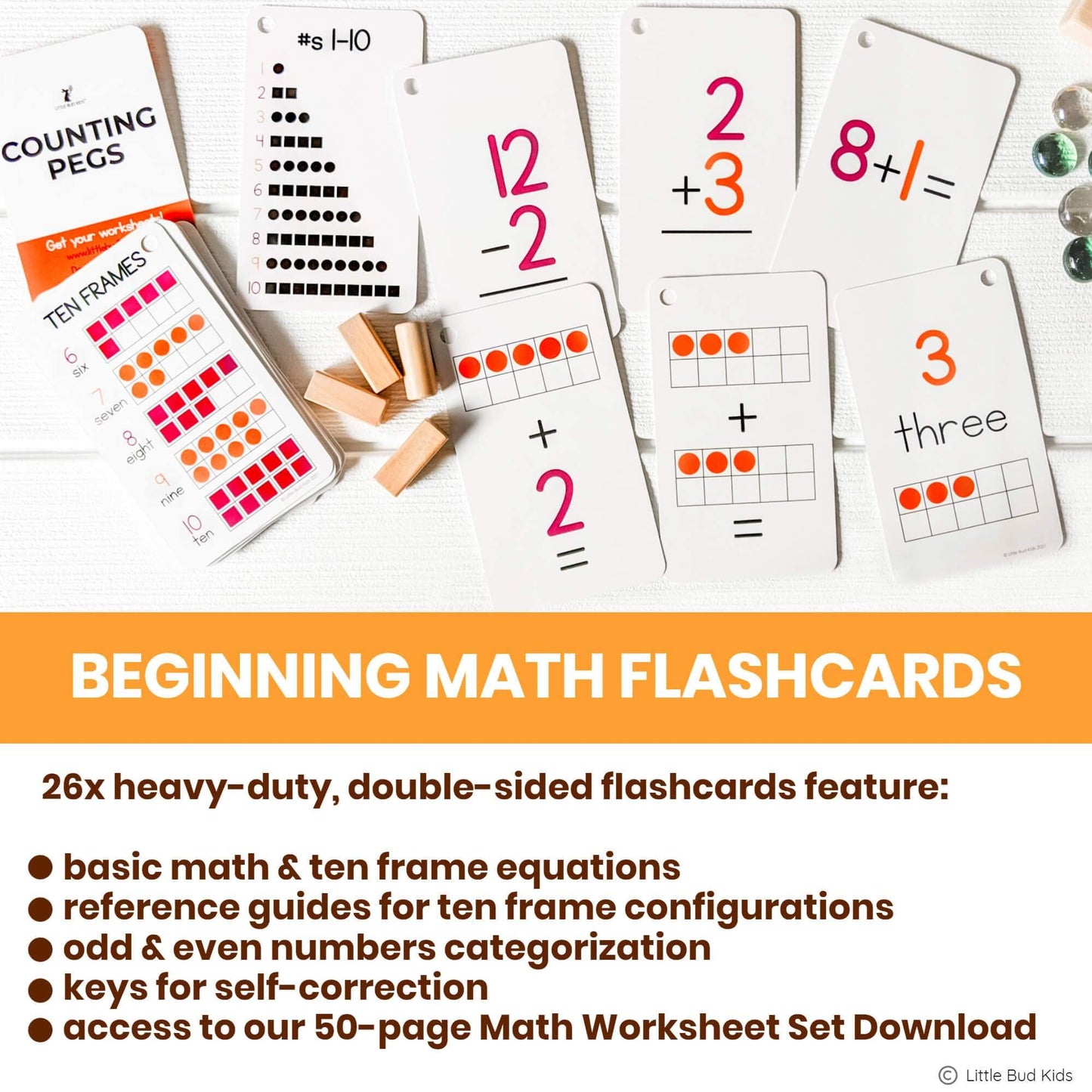 LITTLE BUD KIDS Counting Pegs: Ten Frame Math Game for Addition & Subtraction
