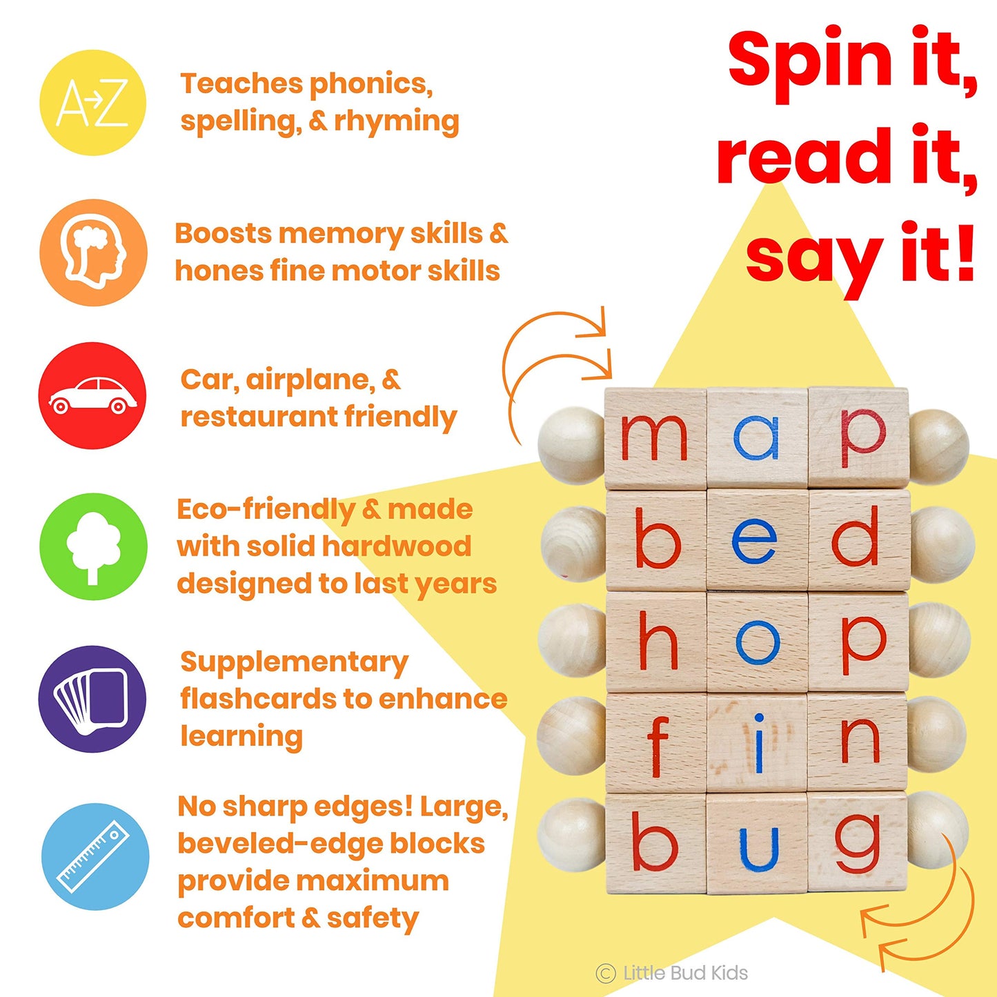 LITTLE BUD KIDS Spin-and-Read Montessori Phonics Blocks & CVC Flashcards