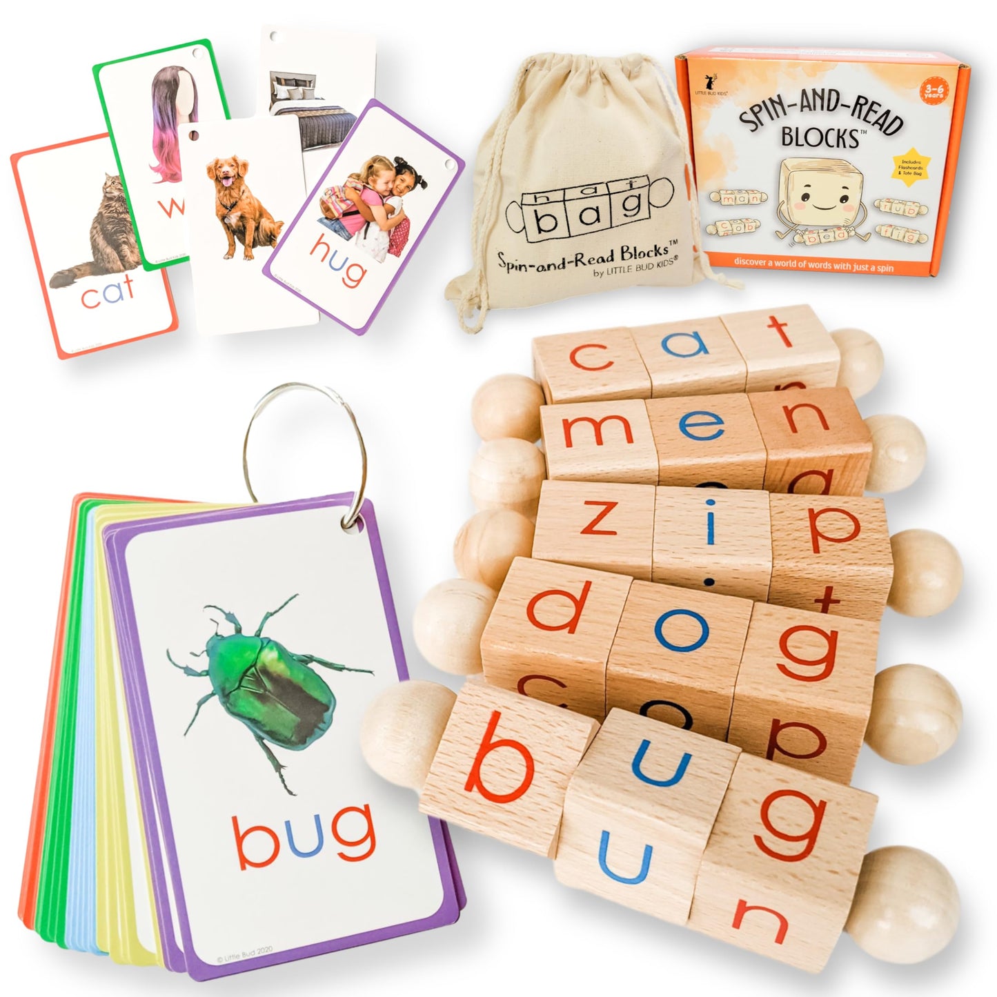 LITTLE BUD KIDS Spin-and-Read Montessori Phonics Blocks & CVC Flashcards